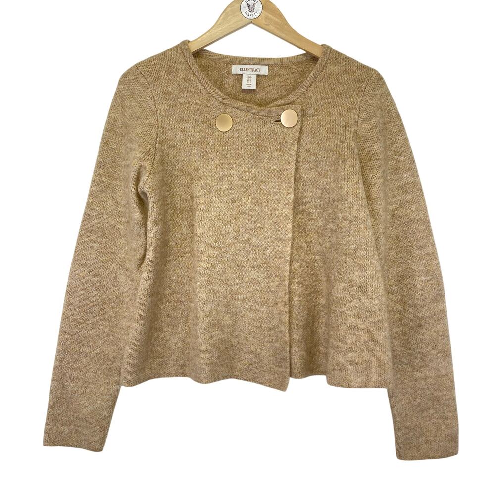 Ellen Tracy Wool A-line Wrap Cardigan Sweater Sz S Tan Gold Buttons Quiet Luxury